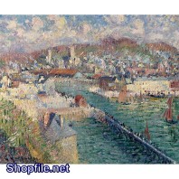 Tranh sơn dầu thành phố và biển xanh
